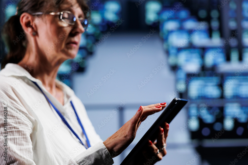Poster knowledgeable professional preparing cloud computing service contingency plan, monitoring data cente