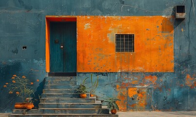 A unique building painted in shades of blue and orange with wooden stairs leading up to the entrance. The facade combines art and architecture beautifully