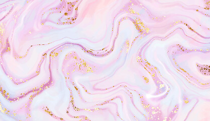 Liquid marble painting background design with smooth waves and gold sequins.