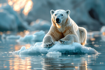 A polar bear standing on a small piece of ice between icebergs in the sea with the water calm and the first rays of the morning sun.