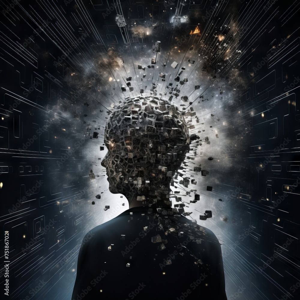 Poster profile of a head disintegrating into particles against dark backdrop. concept of digital transforma