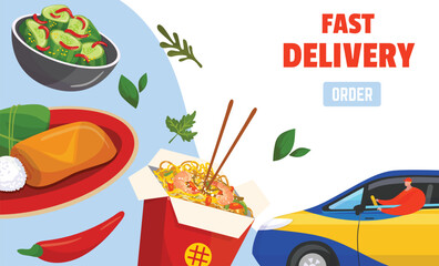 Food delivery service concept car, various dishes, FAST DELIVERY ORDER text. Online order takeaway graphics. Convenience meal vector illustration