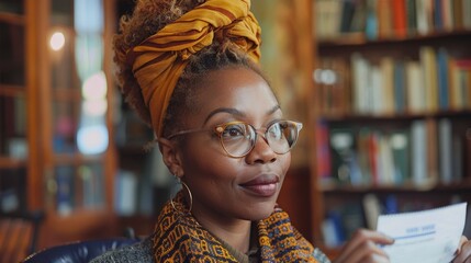 Thoughtful African American woman with glasses. Intellectual female in a library. Concept of education, knowledge, studying, and library research. - obrazy, fototapety, plakaty