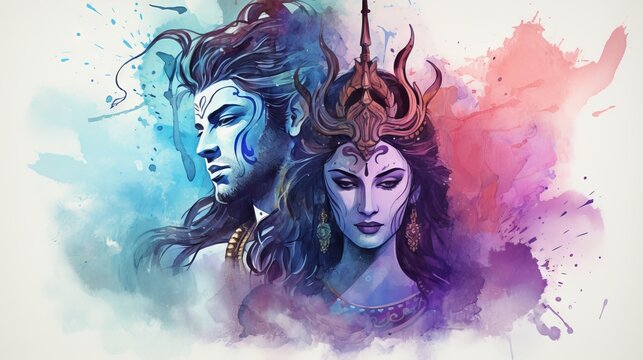Ethereal figures of Shiva and Shakti amidst vibrant splashes of color. Concept of mythological tradition, divine couple, and spiritual art. Mythical man and woman, fantasy. Couple in love