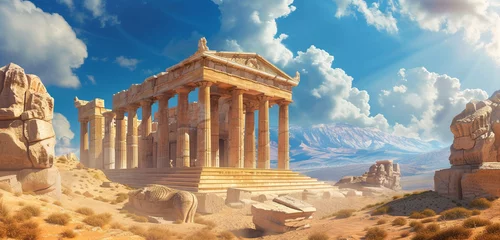 Gartenposter An ancient Greek temple in ruins, its history lost to the sands of a desert under a periwinkle blue sky © mominita