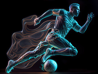 Soccer player in action made with neon colors and running with a soccer ball on black background - obrazy, fototapety, plakaty