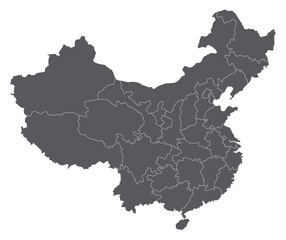 China map. Map of China in administrative provinces in grey color