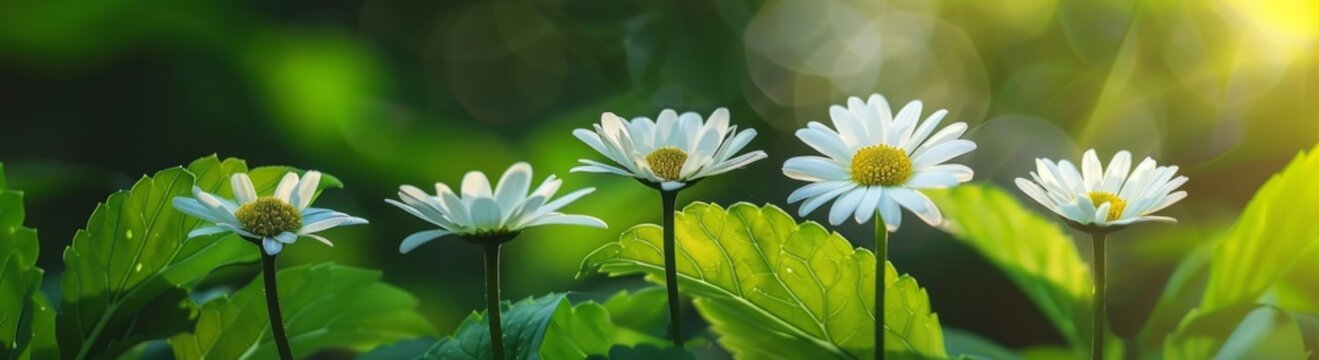 daisies in green leaf background in the style of bokeh panorama Generative AI