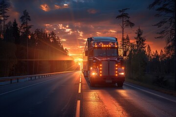 Majestic image of a truck driving on an empty highway with a dramatic sunset in the background, symbolizing travel and commerce