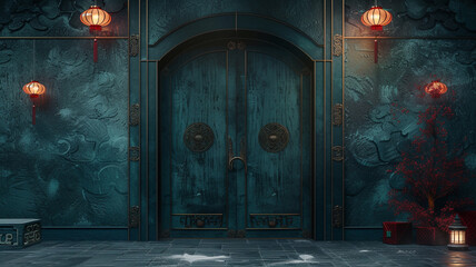 A hyper-realistic 8K image showcasing 3D double doors with Christmas lanterns and obsidian engravings, against a dark emerald background