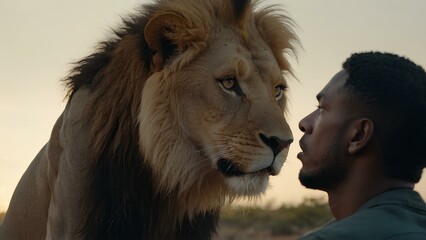 A young man confronts a lion