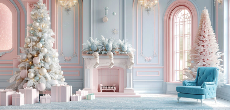 A pastel-themed Christmas room with a soft pink fireplace, a sky-blue armchair, and a white Christmas tree adorned with light-colored gifts
