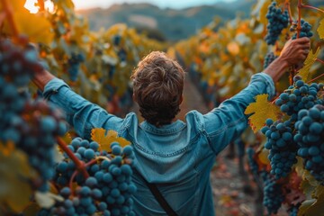 A content man arms outstretched amidst lush grapevines, capturing the essence of freedom and connection to nature