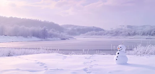 Photo sur Aluminium Violet A vast snowy landscape with a joyful snowman in front of a frozen lake under a pale violet sky, copy space added