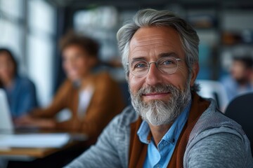 Fototapeta premium Confident senior man with glasses smiling at camera in a professional office environment