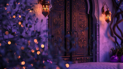 A vivid 8K image showcasing ornate 3D double doors, featuring Christmas lanterns and engraved...
