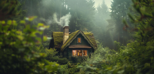 Close exterior view of a cozy cottage nestled in a lush green forest, smoke gently rising from the chimney, background color: soft sage green - obrazy, fototapety, plakaty
