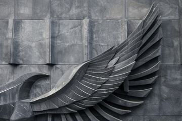 Close exterior view of an architectural marvel inspired by the spread wings of an eagle, against a background color of slate grey
