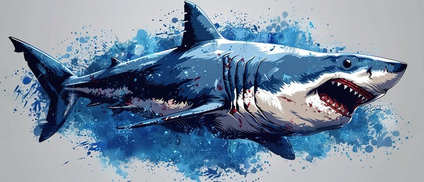 Great white shark with open mouth with a splash of water. Watch out sharks. Shark attack.