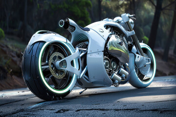 Futuristic metallic white colored motorcycle parked on street in a forest on sunny day.