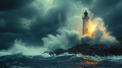 Waves hitting a lighthouse in Scotland. - Powered by Adobe