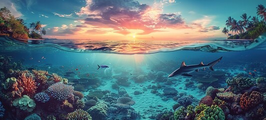 beautiful seaview waterline waves in a shallow and sharks swimming by corals - obrazy, fototapety, plakaty