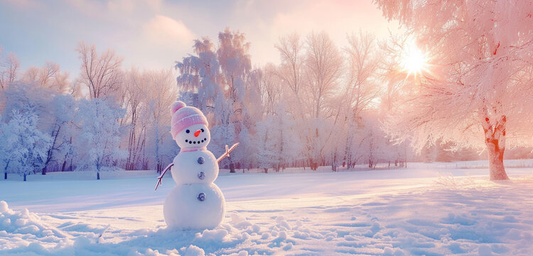 Expansive winter setting with a joyful snowman in a frosty park under a delicate apricot sky, copy space provided