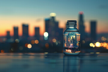 City of Los Angeles in a jar against blurred background of Los Angeles, California.