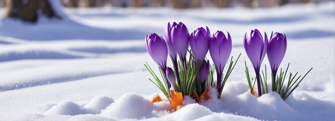 First bud flower. Plant garden background. Early spring crocus. Winter day nature. March snow melt....
