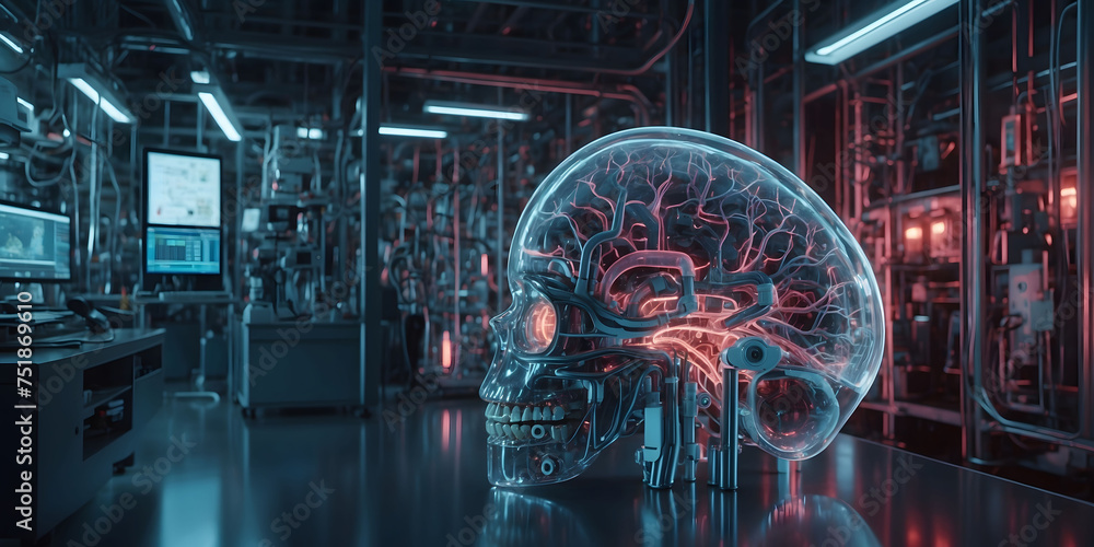 Aufkleber artificial intelligence brain in factory lab for futuristic research, technology innovation and mach