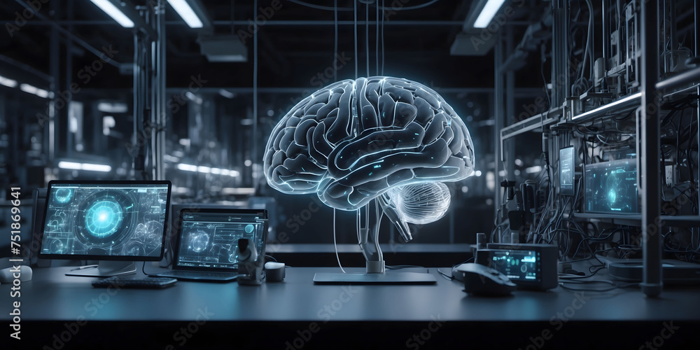 Poster artificial intelligence brain in factory lab for futuristic research, technology innovation and mach