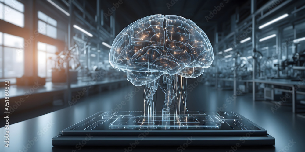 Aufkleber artificial intelligence brain in factory lab for futuristic research, futuristic medical research te