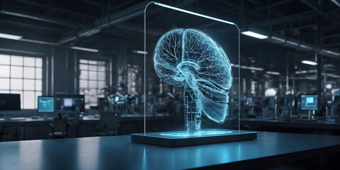 Artificial intelligence brain in factory lab for futuristic research, technology innovation and machine learning network and AI tools as wide banner hologram. wide banner with copy space area.