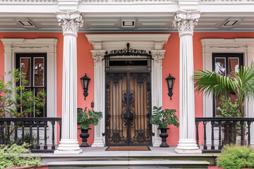 Fototapeta na wymiar The stately columns and detailed iron gate of an Italianate porch, with the house exterior against a warm coral backdrop