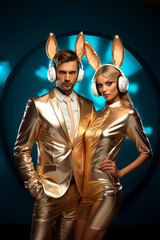 Cute fashion couple in disco with big headphones and bunny ears on dark background - 751869842