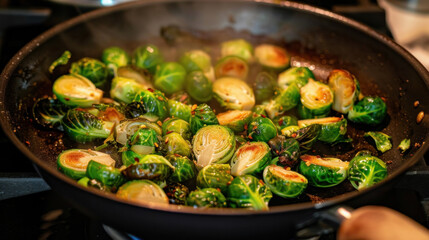 Brussel sprouts cooking in a metal cooking pan.