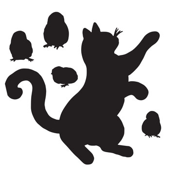Vector black and white silhouette ready to print: kitty cat is playing with chickens set