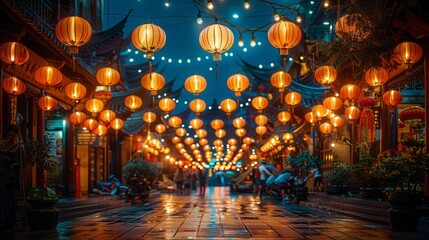 Electric blue lanterns decorate the city street at midnight
