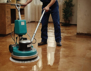 Worker polishing hard floor with high speed polishing machine while other cleaner cleans rhe table in the background