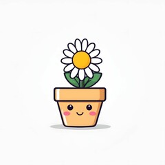 Cute daisy flower in a pot with eyes kawaii character isolated on a white background