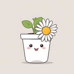 Adorable daisy flower in a pot with smiling face kawaii character isolated on a white background