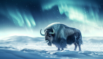 A muskox stands alone in the snowy arctic night under the green glow of the aurora borealis