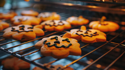 Freshly baked Halloween cookies shaped like pumpkins cooling on a wire rack, straight from the oven, with festive decorations.