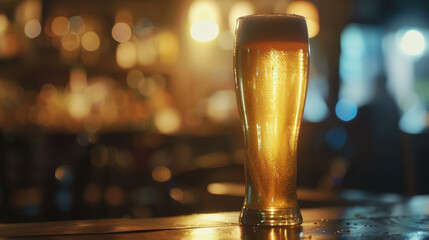 Obraz premium Tall glass of foamy, light amber beer on table at restaurant.