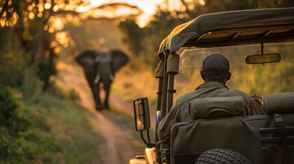 Elephant Encounter on Safari Road, A close encounter with an elephant on a safari at dusk, as viewed from inside a jeep