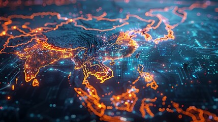 Digital map of Asia, concept of global network and connectivity, data transfer and cyber technology, business exchange, information and telecommunication