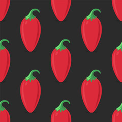 Vector Seamless Pattern with Flat Whole Fresh Hot Chili Pepper on a Black Background. Spicy Chili Pepper in Front View. Vector Illustration for Culinary, Cooking, and Spicy Food Concept