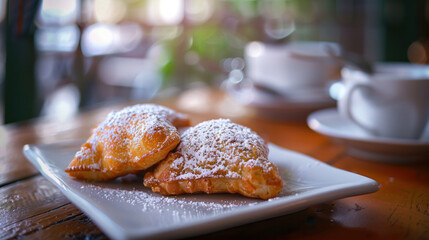 Delicious beignets dusted with powdered sugar served on a café table