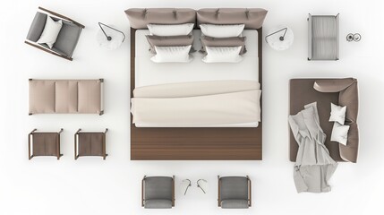 elegant bed furniture on top view for architecture use. florplan concept