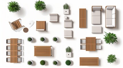 exterior furniture on top view for architecture use. garden florplan concept